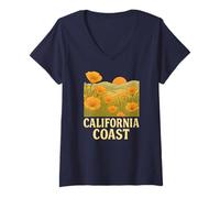 Mujer Campos de la Costa de California de Amapolas Naranjas Flores Cali Camiseta Cuello V