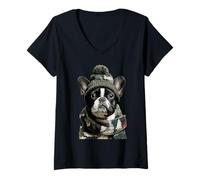 Mujer Camuflaje Bulldog Francés Camo Animal Hunter Frenchie Dog Camiseta Cuello V