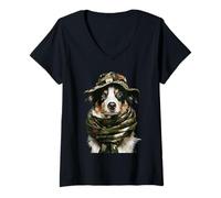 Mujer Camuflaje Pastor Australiano Camo Hunter Perro Caza Camiseta Cuello V