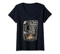 Mujer Can Do All Things Levantador de Pesas Christian Gym Versículo de la Biblia Diversión Camiseta Cuello V