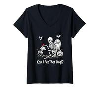 Mujer Can I Pet That Dog Funny Halloween Dog Skeleton Puppy Camiseta Cuello V