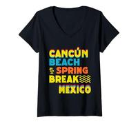 Mujer Cancún Beach México Vacaciones de Primavera RYB Glitch Style Camiseta Cuello V