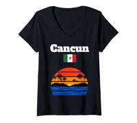 Mujer Cancun Beach Souvenir Palmeras Océano Puesta de sol Bandera de México Camiseta Cuello V