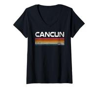 Mujer Cancún México Retro Rayas Vintage Beach Travel Design Camiseta Cuello V