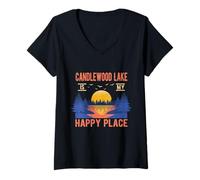 Mujer Candlewood Lake Is My Happy Place Camping Sayings Camper Camiseta Cuello V