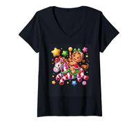 Mujer Candy Land Ride con Gingerbread Girl and Stars Camiseta Cuello V
