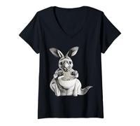 Mujer Canguro Hambriento sorbiendo Fideos Ramen ilustración Camiseta Cuello V
