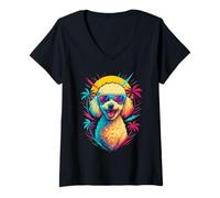 Mujer Caniche fresco con gafas de sol Retro Palm Sunset Dog Art Camiseta Cuello V