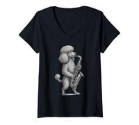 Mujer Caniche Jugando Saxofón Jazz Música Amante de los Camiseta Cuello V
