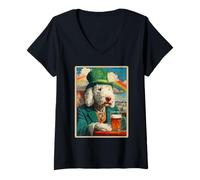 Mujer Caniche Retro Bebiendo Cerveza Vintage día de San Patricio Perro irlandés Camiseta Cuello V