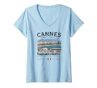 Mujer Cannes Costa Azul Croisette Riviera Francesa Bandera Francia Camiseta Cuello V