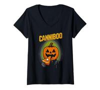 Mujer Canniboo Funny Pixel Art Jack O'Lantern Comiendo Pastel Halloween Camiseta Cuello V