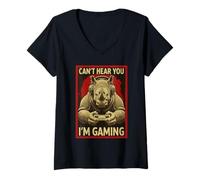 Mujer Can't Hear You Im Gaming Rhino Funny Gamer Art para Hombres y Mujeres Camiseta Cuello V