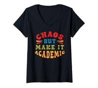 Mujer Caos Escolar de Maestro Hazlo Académico y Divertido con un Camiseta Cuello V