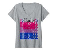 Mujer Caótico Bisexual Funny Bi Pride Flag LGBTQ Coquette Bow Camiseta Cuello V