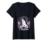 Mujer Capellán Manos Orantes Diseño Floral Camiseta Cuello V