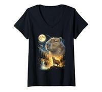 Mujer Capibara Aullando a la Luna Meme extraño Capibara Divertido de los 90 Camiseta Cuello V