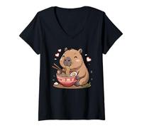 Mujer Capibara Comer Fideos Ramen Arte Japonés Lindo Capibara Camiseta Cuello V