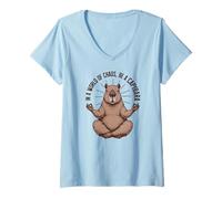 Mujer Capibara Meditante Pacífico | Divertido Lindo Animal Zen Yoga Camiseta Cuello V