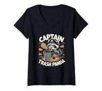 Mujer Capitán Basura Panda Mapache Pirata Vela Náutica Camiseta Cuello V
