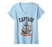 Mujer Capitán Navegando con Ancla Velero Barco Conducción Náutica Camiseta Cuello V