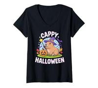 Mujer Cappy Halloween Funny Cute Capybara Wizard Halloween Camiseta Cuello V