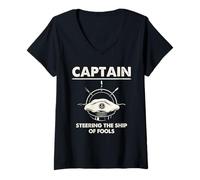 Mujer Captain Ship of Fools Humor náutico Arte Gráfico Camiseta Cuello V