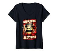 Mujer Capuchino Asesino Italiano Brainrot Meme Japonés Ninja Camiseta Cuello V