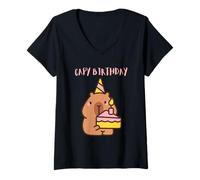 Mujer Capy Birthday Cute Capybara con pastel Funny Animal Party Camiseta Cuello V
