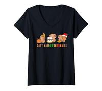 Mujer Capy Hallowthankmas Capybaras Halloween Thanksgiving Xmas Camiseta Cuello V