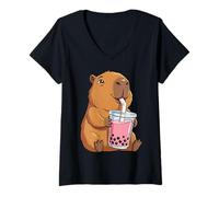 Mujer Capybara Beber Boba Bubble Tea Kawaii Lindo Anime Meme Camiseta Cuello V