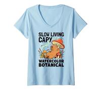 Mujer Capybara botánico de pantano de Acuarela Slow Living Capy Camiseta Cuello V