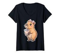 Mujer Capybara Bubble Tea Lovely Cute Capyboba Boba Milk Tea Camiseta Cuello V