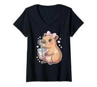 Mujer Capybara Bubble Tea Lovely Cute Capyboba Boba Milk Tea Camiseta Cuello V