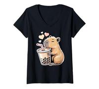 Mujer Capybara Bubble Tea Lovely Cute Capyboba Boba Milk Tea Camiseta Cuello V
