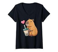 Mujer Capybara Bubble Tea Lovely Cute Capyboba Boba Milk Tea Camiseta Cuello V