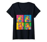 Mujer Capybara Cool - Diseño Animal Style Pop Art Colorido Camiseta Cuello V