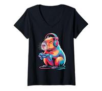 Mujer Capybara Headphones Controller Gaming Capybara Arte Gamer Camiseta Cuello V