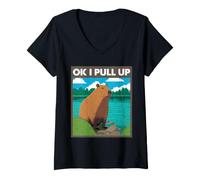 Mujer Capybara Meme Retro Río Animal Humor Ok I Pull Up Cita Camiseta Cuello V