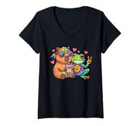 Mujer Capybara Rana Hippie Animales Rainbow Boba Tea Camiseta Cuello V