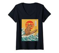 Mujer Capybara Surfing Japonés Gran Ola Kanagawa Ukiyo-e Camiseta Cuello V