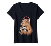 Mujer Capybara with Headphones Playing Video Games Funny Art Camiseta Cuello V