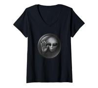 Mujer Cara alienígena Realista detrás de Vidrio Sci Fi Extraterrestre Camiseta Cuello V
