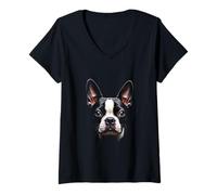Mujer Cara Bostie de perro Boston Terrier negro Camiseta Cuello V
