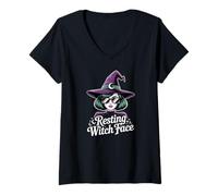 Mujer Cara de Bruja descansando Divertida Cita sarcástica Moderna de Halloween Camiseta Cuello V