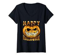 Mujer Cara de Calabaza para Halloween. Camiseta Cuello V