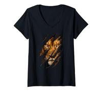 Mujer Cara de león intrépida Que Revela Ojos Garra Marca Arte de Vida Silvestre Camiseta Cuello V