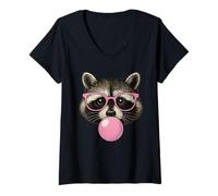 Mujer Cara de Mapache Comiendo Chicle y Hace una Burbuja Rosa Lindo Mapache Camiseta Cuello V