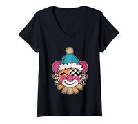 Mujer Cara de Payaso de Patchwork juguetona expresión Alegre Camiseta Cuello V