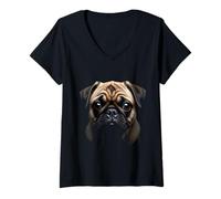 Mujer Cara de Pug Perro Pug Negro Camiseta Cuello V